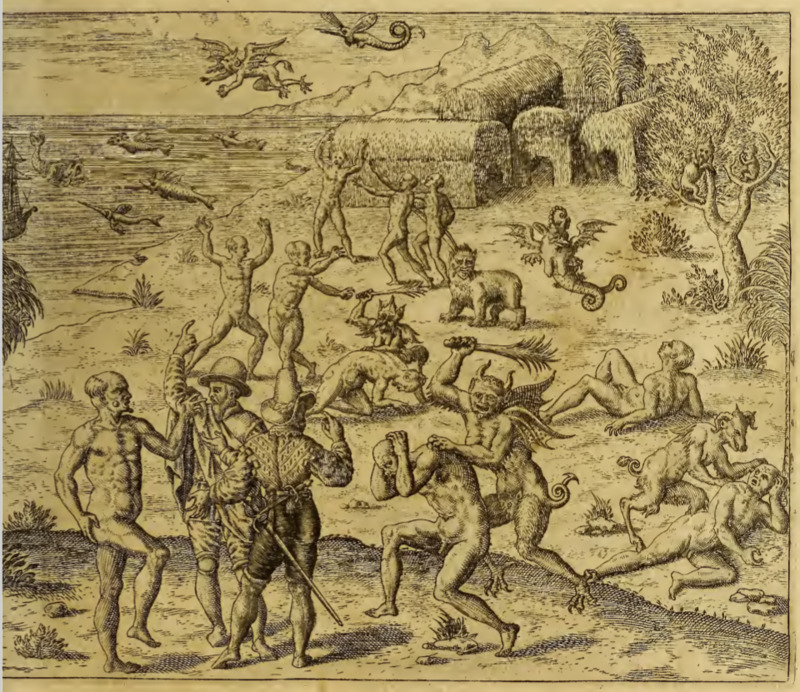 [A Tupinambá village full of mythological creatures]