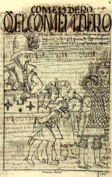 Q[ve] el Comendero se Haze Lleuarse en Unas Andas Como Ynga con Taquies y Danzas Quando Ilega a sus Pueblos. Y ci no, le Castiga y Maltrata en Este Rreyno