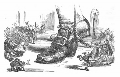 [Gulliver’s foot in a crowd of Lilliputians]