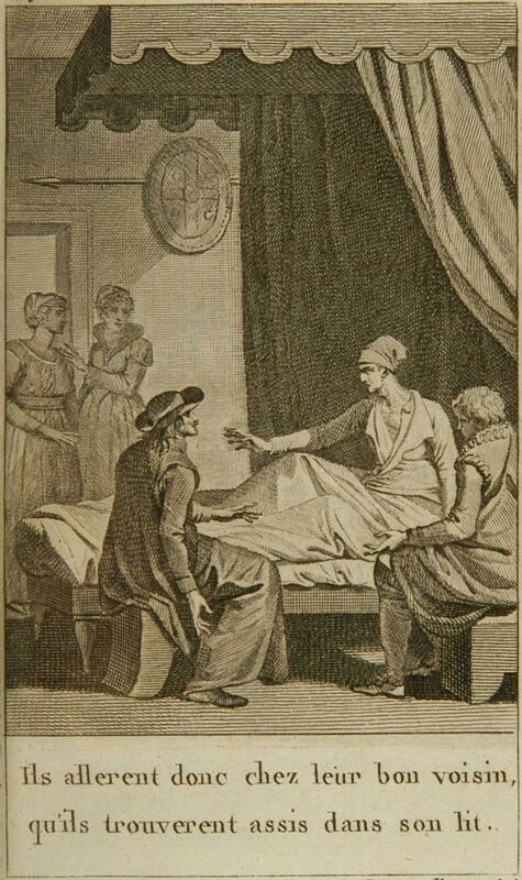 Ils allerent donc chez leur bon voisin, qu'ils trouverent assis dans son lit