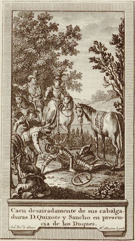 Caen desairadamente de sus cabalgaduras D. Quixote y Sancho en presencia de los Duques