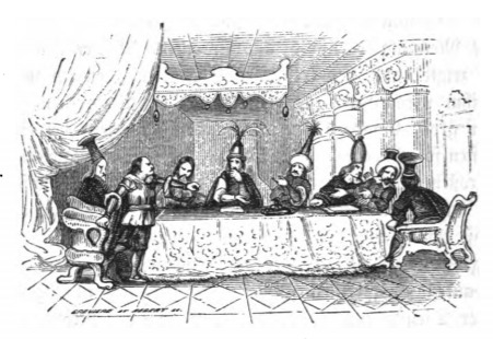 [Lilliputian officials discussing Gulliver’s fate on Lilliput]