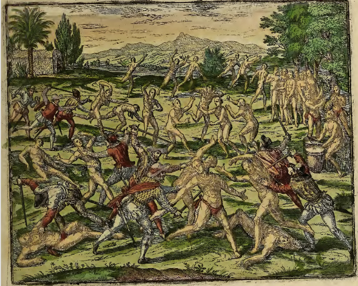 Petrvs Alvaradvs, absente Cortesio Mexicanos sua festa celebrantes strictis gladijs cædunt, atque monilia, quibus erant ornati, detrahunt.