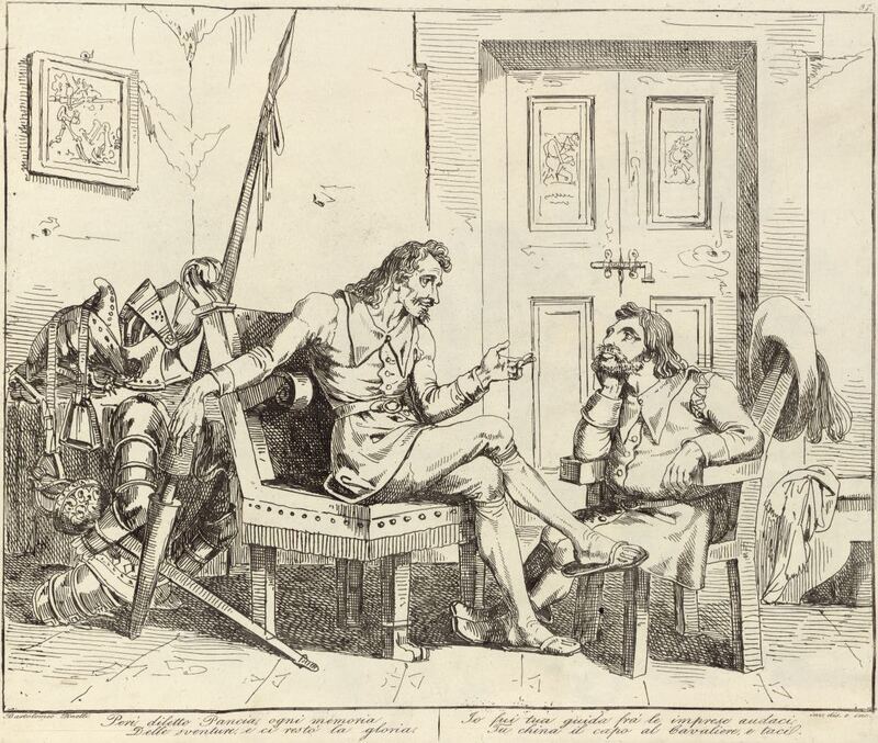 Perì, diletto Pancia, ogni memoria / Delle sventure, e ci restò la gloria. / Io fui tua guida f`á le imprese audaci, / Tu china il capo al Cavaliere, e taci.