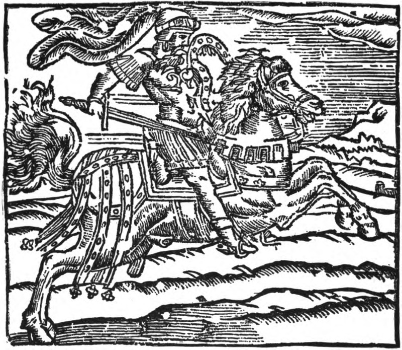 The Cid. Facsimile of cut from reprint in Library of the Hispanic Society of America of old chapbook, Historia del muy esforzado caballero el Cid Ruy Diaz, Campeador. Sevilla: Manuel Nicolàs Vazquez. n. d