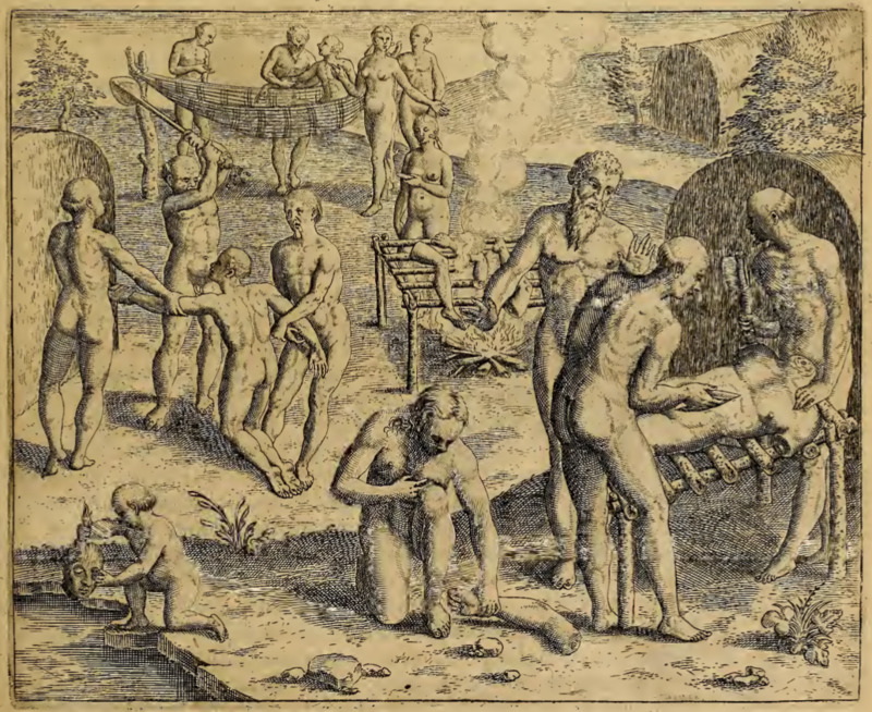 [A man is killed, dismembered, and cooked by the Tupinambá]