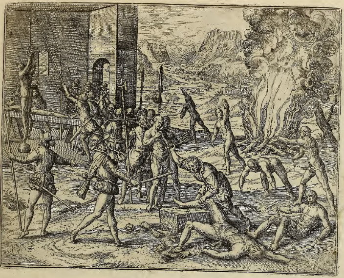 Ferdinandus Soto treibt grosse Wüteren in der Landschafft Florida, darinnen er Gubernator war, läft auch etlichen Könischen die Händ abhawen.