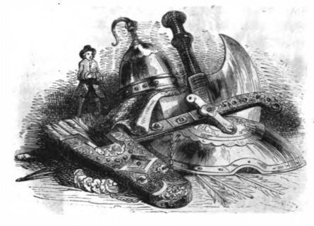 [Gulliver stands on the military regalia of the army of Brobdingnag]