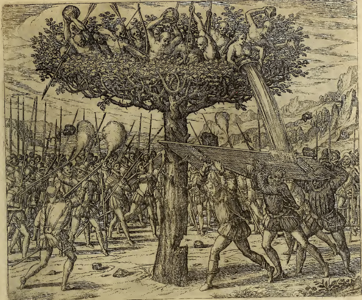 Hispani Indos domicilia in arboribus habentes oppugnant.