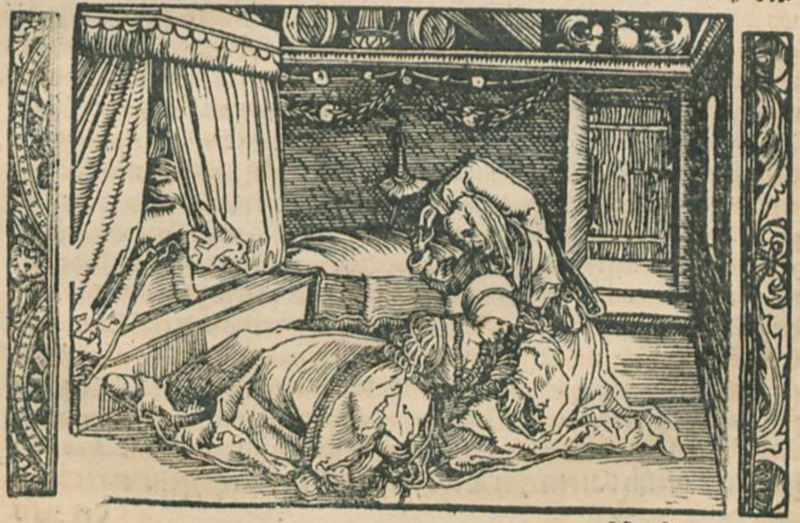 [Act X (Second Illustration) – Melibea Collapses After Celestina Pressures Her to Reveal Her Love for Calisto]