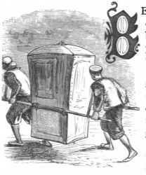 [Lilliputians carry a sedan chair]