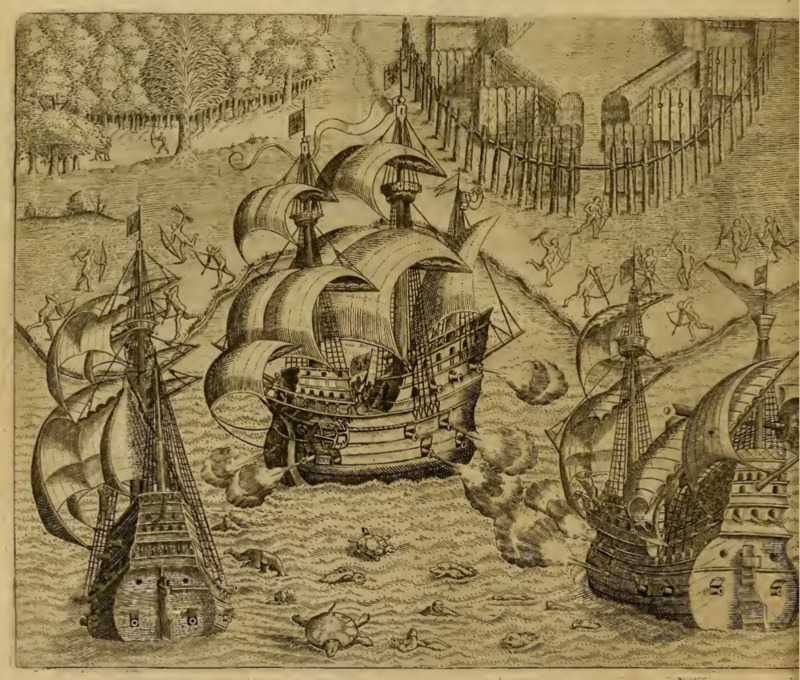 [Three European ships engage in a naval battle near the coast, where there is a Tupinambá village]
