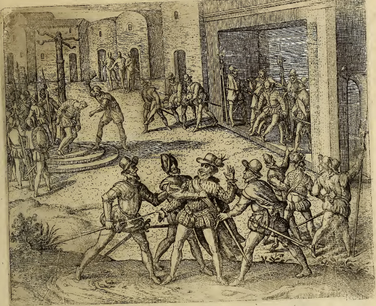 Iacobus Almagrus à Ferdinando Pizarro in vincula coniicitur, in carcere strangulatur, postremo publice capite plectitur.