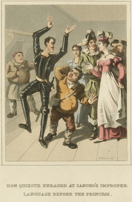 Don Quixote enraged at Sancho's improper language before the princess