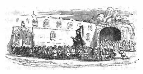 [the Lilliputian Emperor walks through a crowd of kneeling Lilliputians]