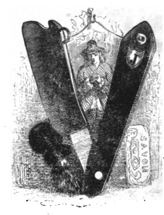 [Gulliver is seen through a folding razor on Brobdingnag]
