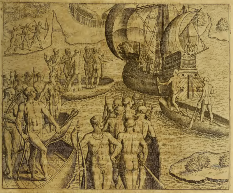 [Tupinambá people in canoes approach a European ship]