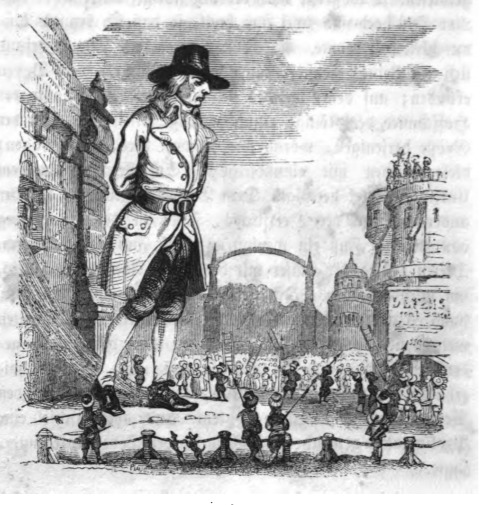 [Gulliver stands examining the Lilliputians]