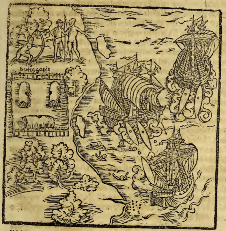 [European ships engage in battle near the coast, where there is an Indigenous village]