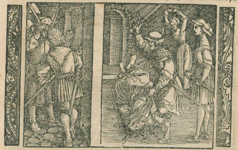 [Act XII (Second Illustration) – The Alguacil’s Men Knock on the Door as Sempronio Murders Celestina]
