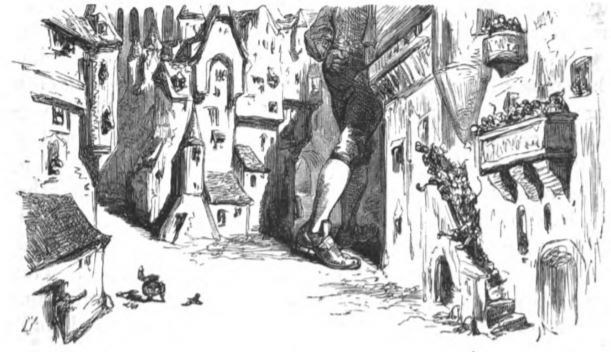 [Gulliver walking through the streets of Lilliput]