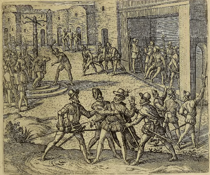 Didacus Almagrus wird von dem Ferdinando Pizarro in gefängnuß geworffen, darinnen strangulirt, und endtlich offentlich enthauptet.