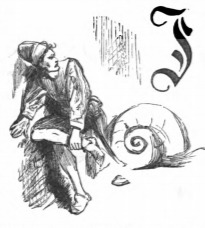 [Gulliver sits next to a snail shell Brobdingnag]
