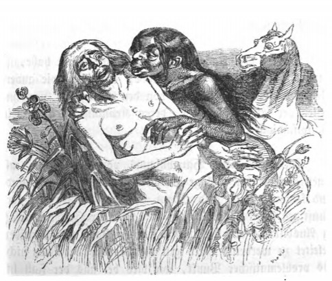 [a female yahoo embraces a startled Gulliver]