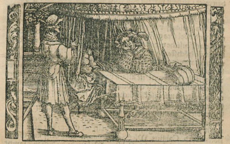 [Act I (Second Illustration) – Calisto Laments the Absence of Melibea to Sempronio]