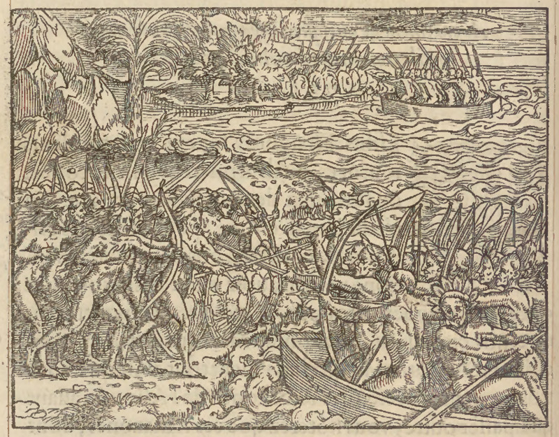 [Indigenous Brazilian women on land in conflict with Indigenous Brazilian men in canoes]