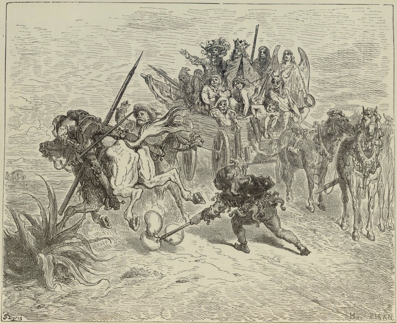 Quand ce magot s'approcha de Don Quichotte, il se mit a escrimer avec son baton et a frapper la terre de ses vessies