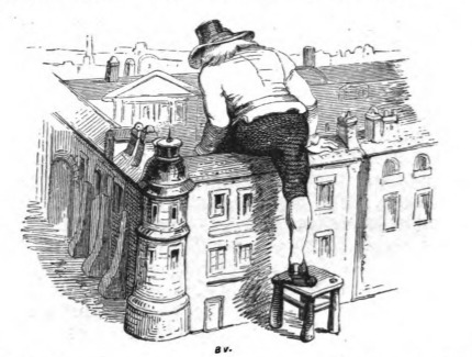 [Gulliver climbs over the wall of the Imperial palace in Mildendo]