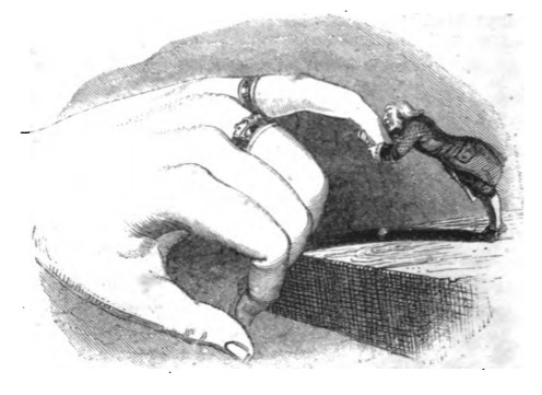 [Gulliver kisses the little finger of the queen of Brobdingnag]