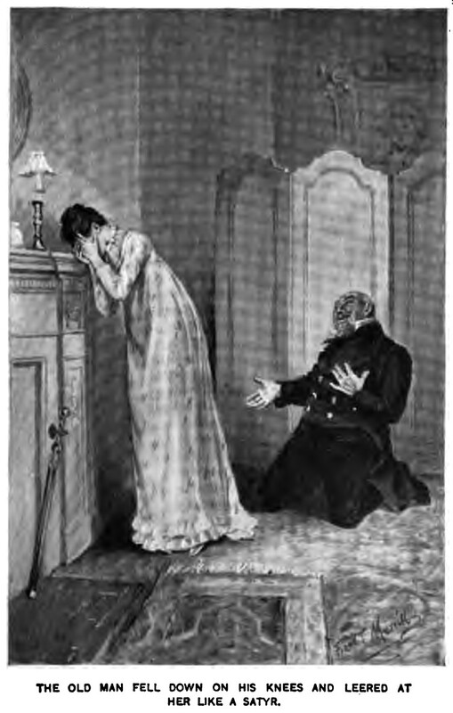 The old man fell down on his knees and leered at her like a satyr