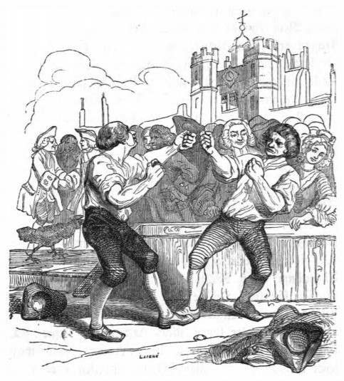 [Two men fist fight in the street]