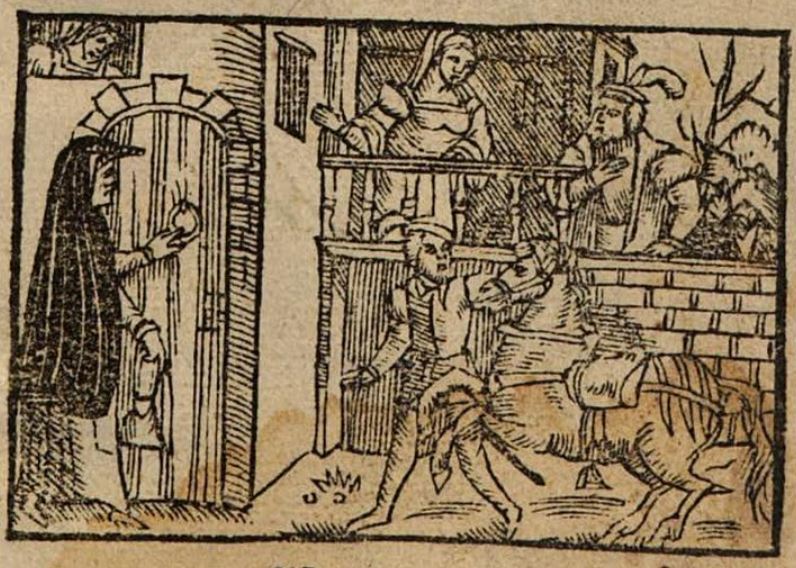 [Title Page – As Celestina Knocks on a Door, a Horseman Approaches and Three Figures Observe]