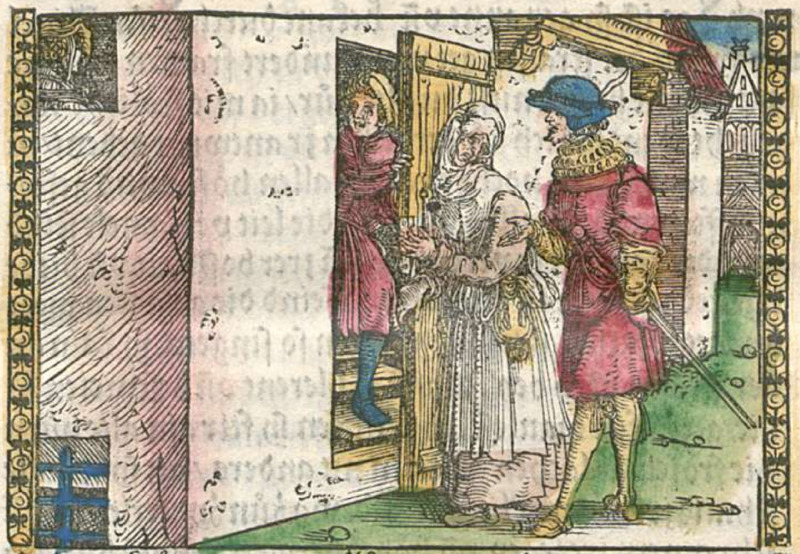 [Act I (Third Illustration) – Celestina and Sempronio Talking as Crito Descends the Staircase]