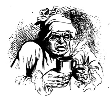 [a sick man holds a cup of medicine]