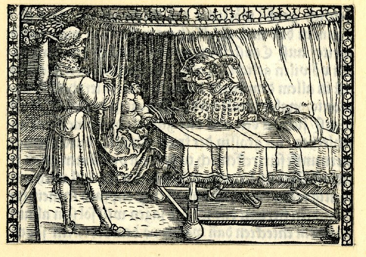 [Act I (Second Illustration) – Calisto Laments the Absence of Melibea to Sempronio]