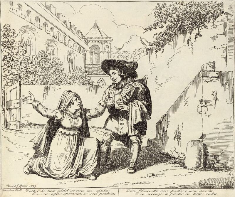 Dottor, la tua pietà se non mi ajuta, / È vana ogni speranza, io son perduta. / Don Chisciotte non parla, e non ascolta / E si accinge a partir la terza volta.