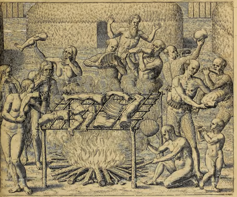 [The Tupinambá engage in cannibalism while a European man looks on]