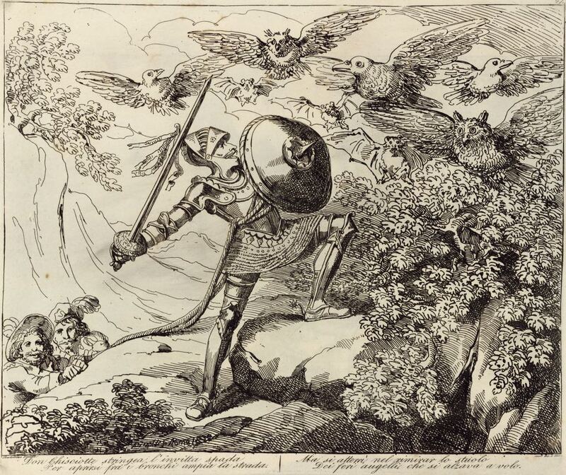 Don Chisciotte stringea l'invitta spada / Per aprirsi frá i bronchi ampia la strada. / Ma si atterrì nel rimirar lo stuolo / Dei feri angelli che si alzava a volo.