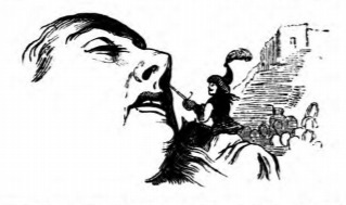 [a Lilliputian tickles Gulliver’s nose with his sword]