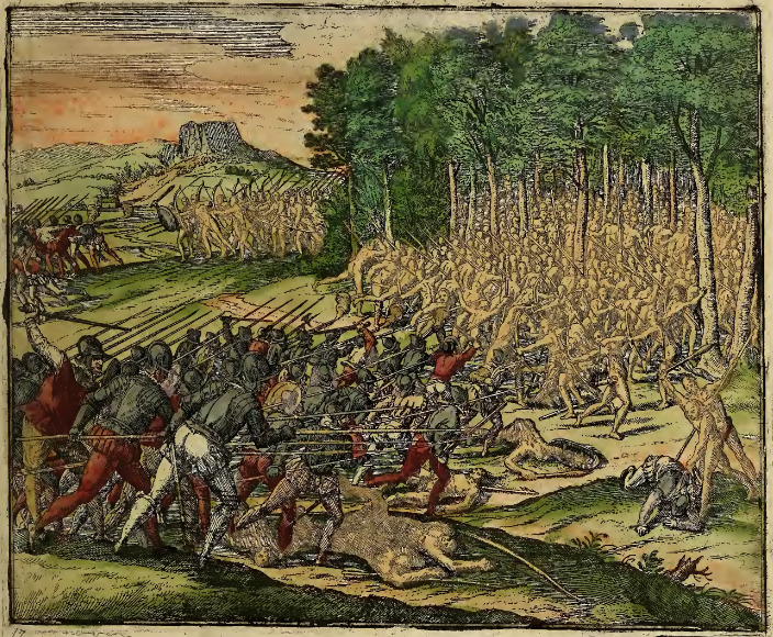 Moli Hispanos adgredivntvr, præfectum eorvm cędunt: tandem tamen fugantur. Sed à recentibus Indis oppressi, denuo vincuntur, accepto tamen subsidio, qui ex prælio incolumes euaserant, discedunt.