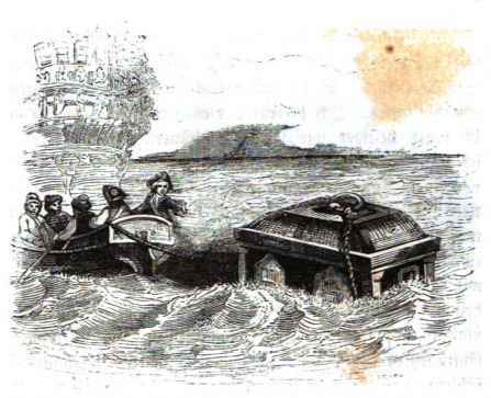 [Gulliver’s house is rescued by sailors after he was dropped into the ocean by an eagle off of Brobdingnag]