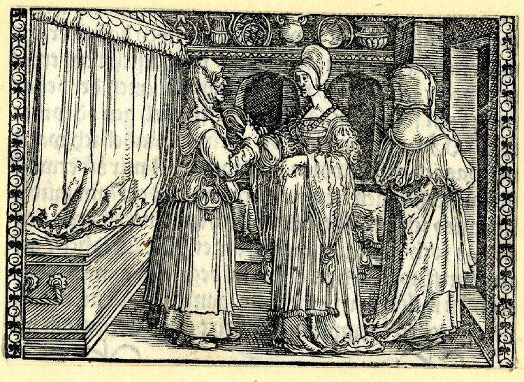 [Act IV – Celestina Talks to Melibea While Another Female Figure (Either Alisa or Lucrecia) Faces Away]
