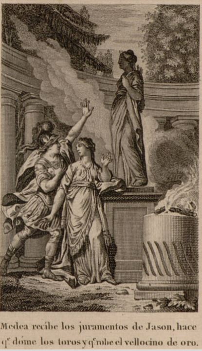 Medea recibe los juramentos de Jason, hace q.e dome los toros y q.e robe el vellocino de oro