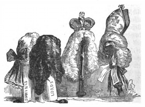 [Different factions of society represented by wigs]