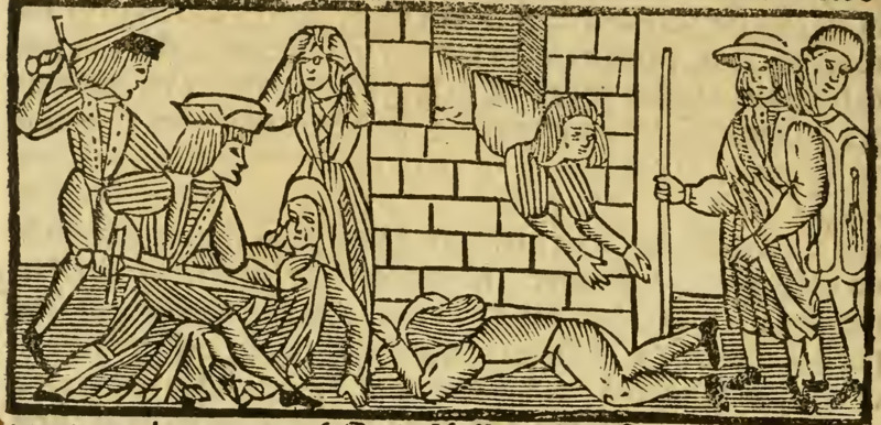 [Act XII (Second Illustration) – Pármeno and Sempronio Murder Celestina and Jump from a Window, Where They Are Caught by the Alguacil’s Men]