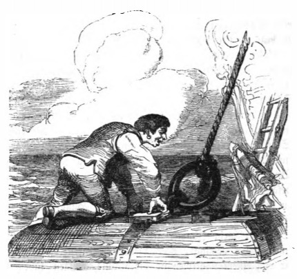 [A sailor lifts the hatch on Gulliver’s house]
